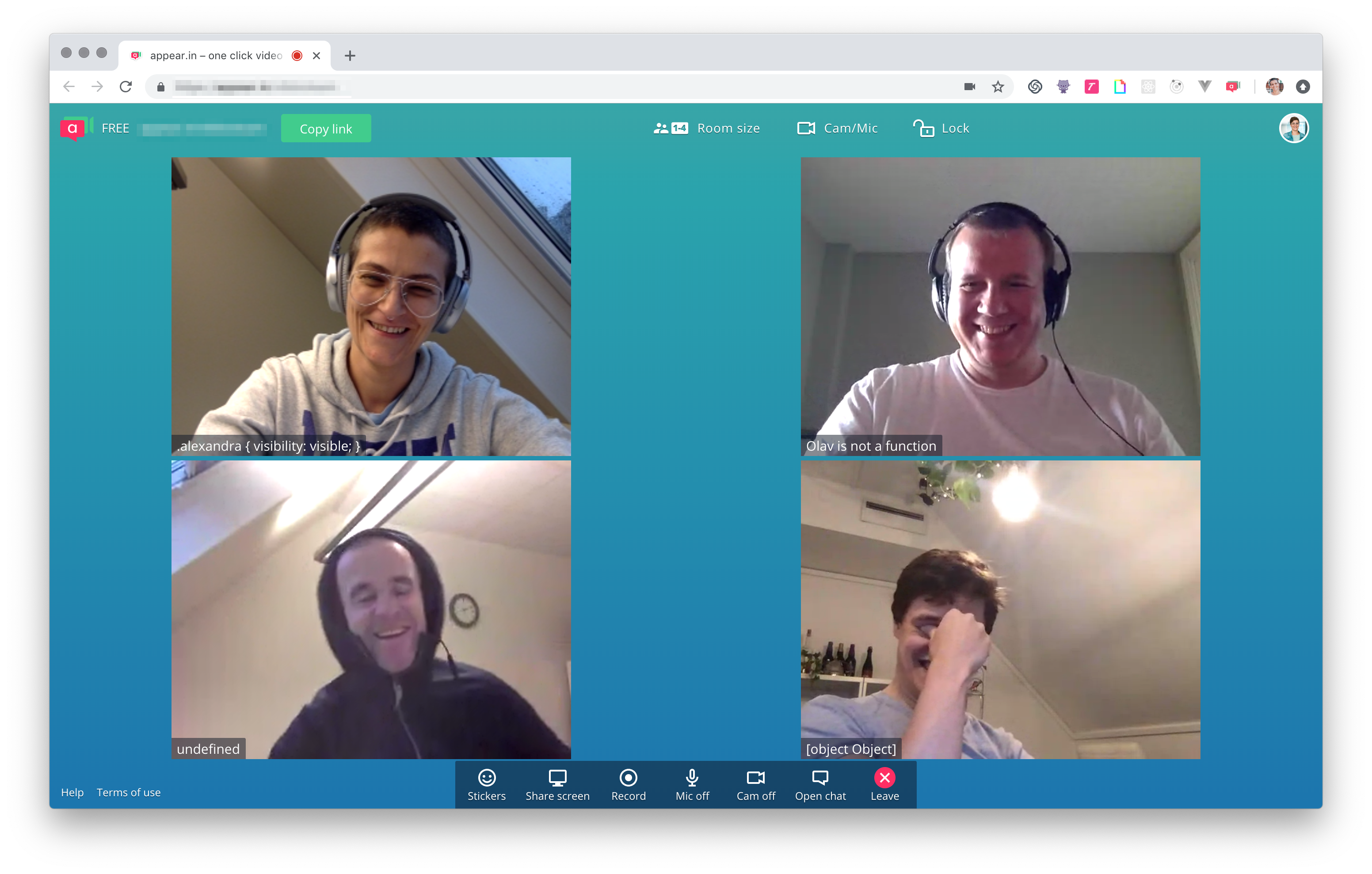 The VIBBIO product team being silly during our Friday afternoon video call (from top left to bottom right: me, Olav, Espen, and Jon)